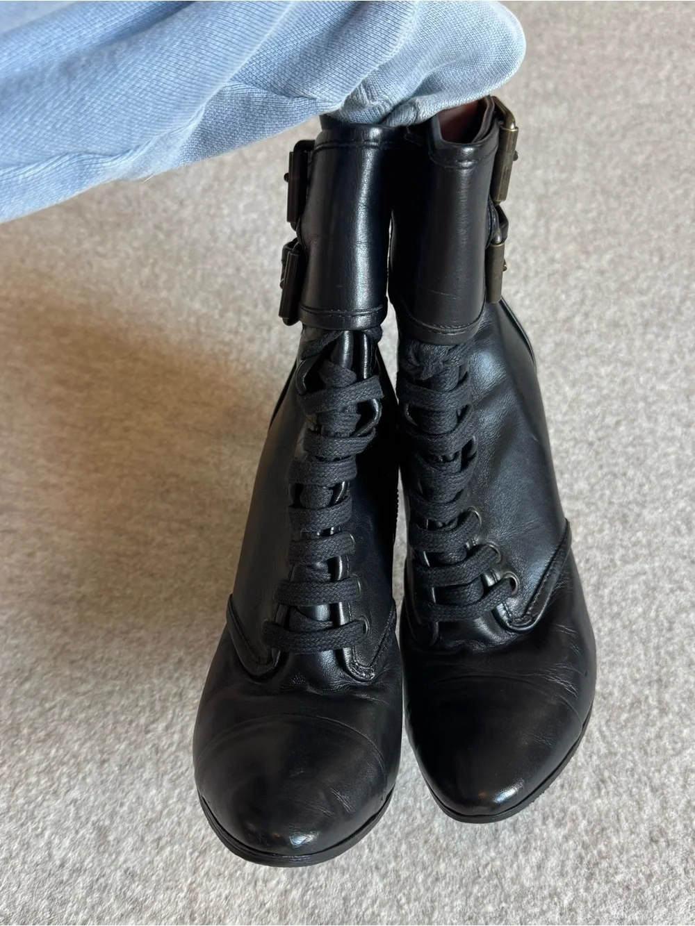 Balmain Black Leather Lace-Up Ankle Boots with Buckle Cuffs